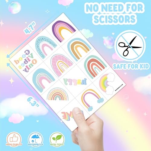 60 Pcs Pastel Rainbow Temporary Tattoos for Kids - Pre-Cut Boho Stickers for Birthday Party Favors, Baby Shower Decorations & School Rewards - görsel 8