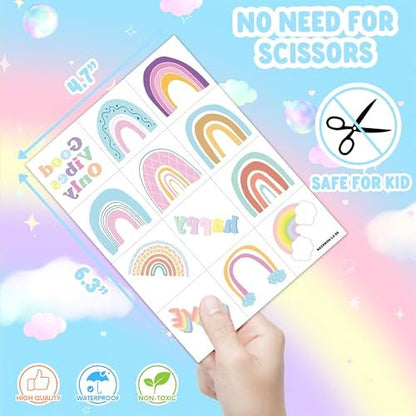 60 Pcs Pastel Rainbow Temporary Tattoos for Kids - Pre-Cut Boho Stickers for Birthday Party Favors, Baby Shower Decorations & School Rewards