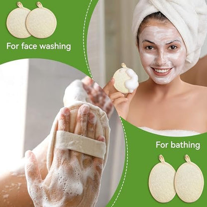 Natural Loofah Sponge Exfoliating Body Scrubber (2Pcs) & Loofah Exfoliating Facial Scrubber (2Pcs) - Made of Natural Luffa and Terry Cloth for Bath and Shower