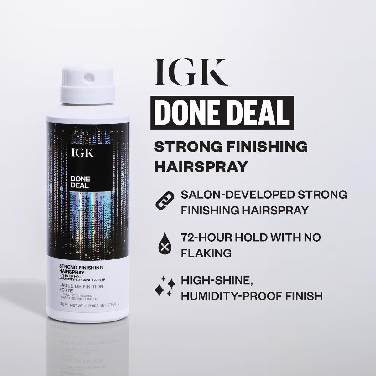 IGK Done Deal Strong Hold Finishing Hairspray – Long-Lasting, Humidity-Resistant, Brushable Firm Control for All Hair Types, 5 oz Avelisse