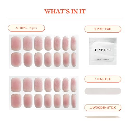 Heyhae Semi Cured Gel Nail Strips - Summer Marble Pink - No LED Lamp Needed - Easy Apply & Remove - Salon Quality - 28 Strips, Prep Pads, Nail File, Wooden Stick - Hey, Bubble Blush Avelisse