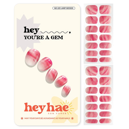 Heyhae Semi Cured Gel Nail Strips - No LED Lamp Needed - Summer Marble Red - Easy Apply & Remove - Salon Quality - 28 Strips, Prep Pads, File & Wooden Stick - Hey, You're A Gem