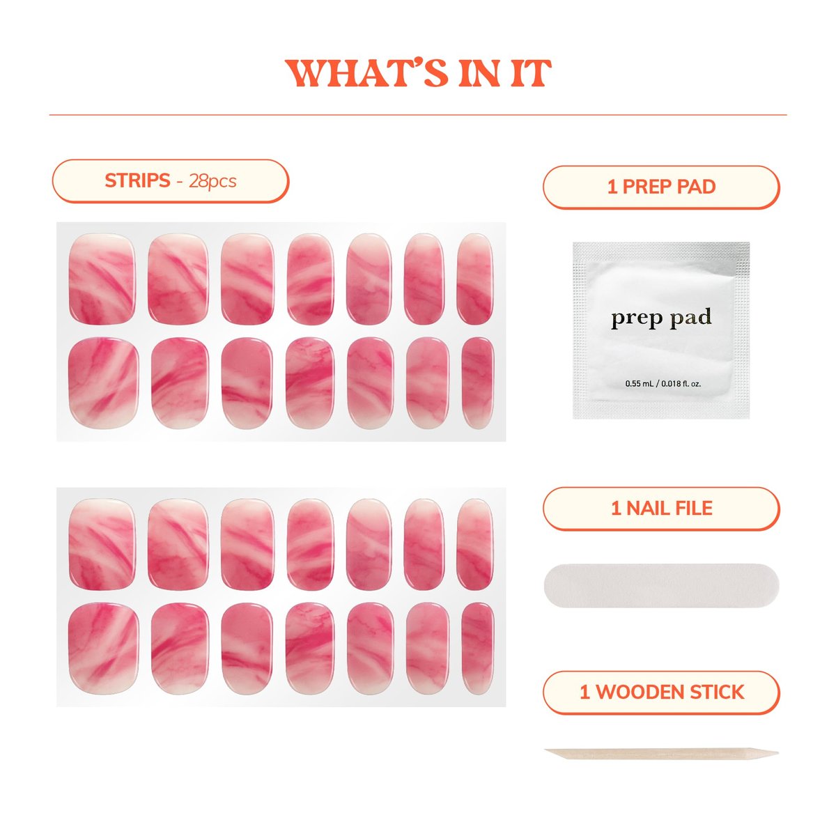 Heyhae Semi Cured Gel Nail Strips - No LED Lamp Needed - Summer Marble Red - Easy Apply & Remove - Salon Quality - 28 Strips, Prep Pads, File & Wooden Stick - Hey, You're A Gem - görsel 7
