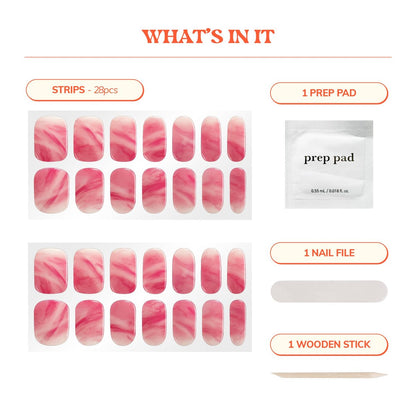 Heyhae Semi Cured Gel Nail Strips - No LED Lamp Needed - Summer Marble Red - Easy Apply & Remove - Salon Quality - 28 Strips, Prep Pads, File & Wooden Stick - Hey, You're A Gem