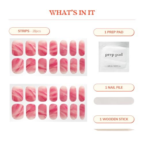 Heyhae Semi Cured Gel Nail Strips - No LED Lamp Needed - Summer Marble Red - Easy Apply & Remove - Salon Quality - 28 Strips, Prep Pads, File & Wooden Stick - Hey, You're A Gem - görsel 8