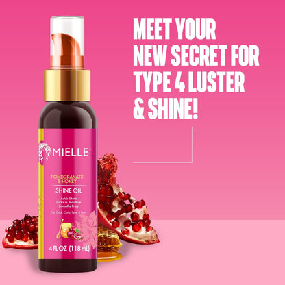 Mielle Organics Pomegranate & Honey Shine Oil - Lightweight Hair Oil for Curly, Coily & Type 4 Hair - Adds Shine, Locks in Moisture, Smooths Frizz, Heat Protection, Non-Greasy Finish, 4 fl oz Avelisse