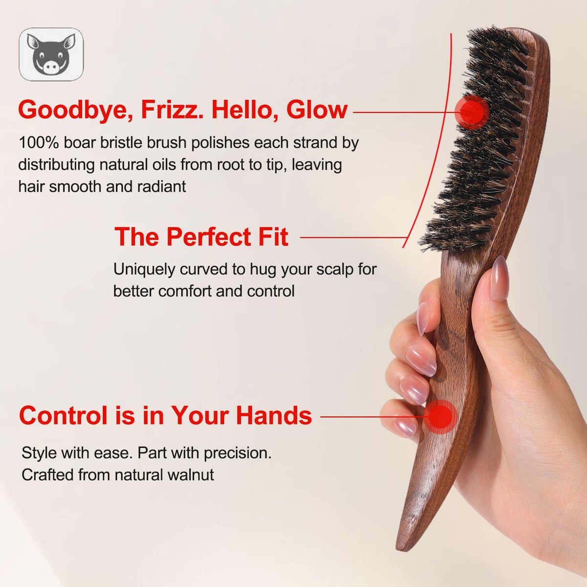 PERFEHAIR Slick Back Hair Brush - Natural Curved Boar Bristle Smoothing Shine Brush for Women & Men, Tames Flyaways for Sleek Polished Styles, for Thin & Fine Hair & Beard Avelisse