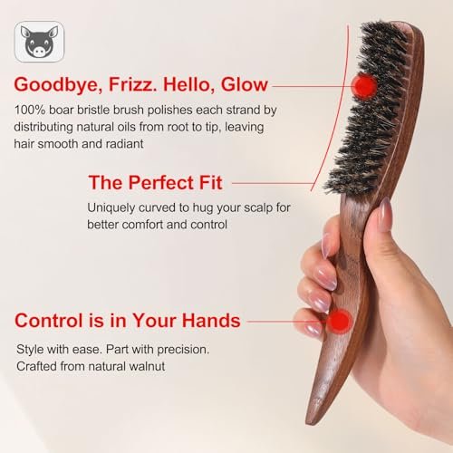 PERFEHAIR Slick Back Hair Brush - Natural Curved Boar Bristle Smoothing Shine Brush for Women & Men, Tames Flyaways for Sleek Polished Styles, for Thin & Fine Hair & Beard Avelisse
