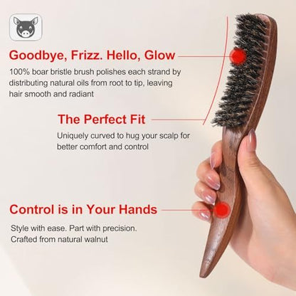 PERFEHAIR Slick Back Hair Brush - Natural Curved Boar Bristle Smoothing Shine Brush for Women & Men, Tames Flyaways for Sleek Polished Styles, for Thin & Fine Hair & Beard Avelisse