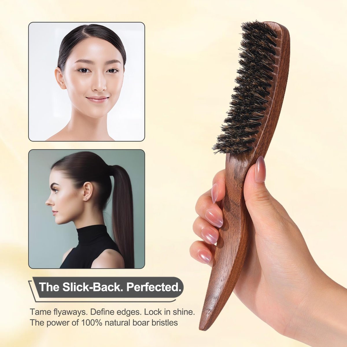 PERFEHAIR Slick Back Hair Brush - Natural Curved Boar Bristle Smoothing Shine Brush for Women & Men, Tames Flyaways for Sleek Polished Styles, for Thin & Fine Hair & Beard Avelisse