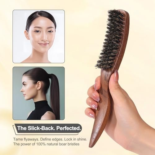PERFEHAIR Slick Back Hair Brush - Natural Curved Boar Bristle Smoothing Shine Brush for Women & Men, Tames Flyaways for Sleek Polished Styles, for Thin & Fine Hair & Beard Avelisse