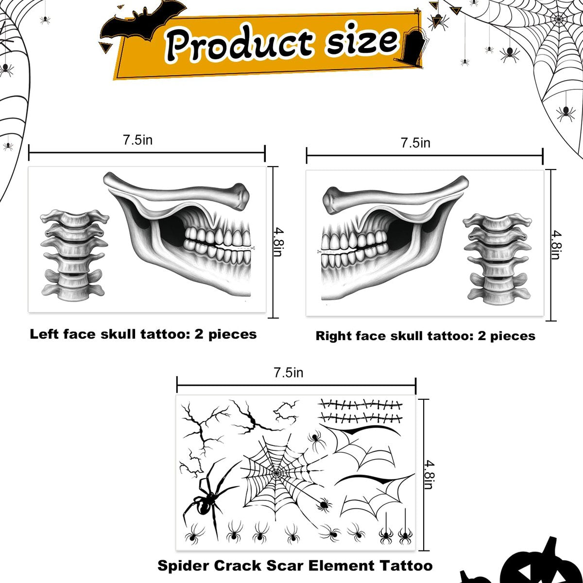 NOOEPC 2 x Skeleton Face Tattoo Halloween Temporary Tattoos – Skeleton Makeup, Halloween Costume Skeleton Mask Accessories, Spider Tattoo Temporary for Men and Women (Black-White) - görsel 8