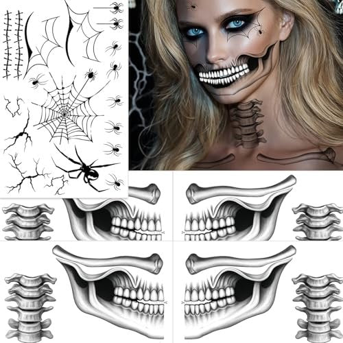 NOOEPC 2 x Skeleton Face Tattoo Halloween Temporary Tattoos – Skeleton Makeup, Halloween Costume Skeleton Mask Accessories, Spider Tattoo Temporary for Men and Women (Black-White) - görsel 1
