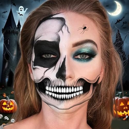 NOOEPC 2 x Skeleton Face Tattoo Halloween Temporary Tattoos – Skeleton Makeup, Halloween Costume Skeleton Mask Accessories, Spider Tattoo Temporary for Men and Women (Black-White) - görsel 9
