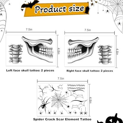 NOOEPC 2 x Skeleton Face Tattoo Halloween Temporary Tattoos – Skeleton Makeup, Halloween Costume Skeleton Mask Accessories, Spider Tattoo Temporary for Men and Women (Black-White)
