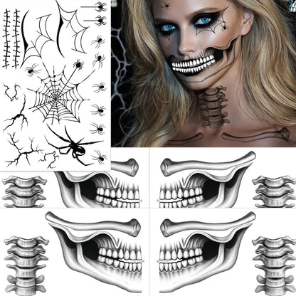 NOOEPC 2 x Skeleton Face Tattoo Halloween Temporary Tattoos – Skeleton Makeup, Halloween Costume Skeleton Mask Accessories, Spider Tattoo Temporary for Men and Women (Black-White)