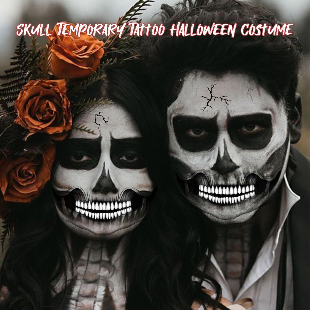 NOOEPC 2 x Skeleton Face Tattoo Halloween Temporary Tattoos – Skeleton Makeup, Halloween Costume Skeleton Mask Accessories, Spider Tattoo Temporary for Men and Women (Black-White) - görsel 6