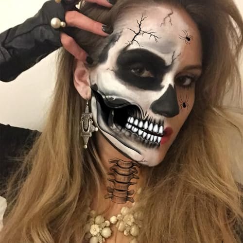 NOOEPC 2 x Skeleton Face Tattoo Halloween Temporary Tattoos – Skeleton Makeup, Halloween Costume Skeleton Mask Accessories, Spider Tattoo Temporary for Men and Women (Black-White) - görsel 3