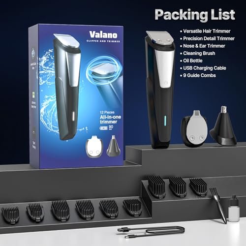 Valano Beard Trimmer & Hair Clippers for Men - All-in-One Self-Sharpening Cordless Rechargeable Grooming Kit, Mustache, Ear, Nose, Body Trimmer (Black) - görsel 14