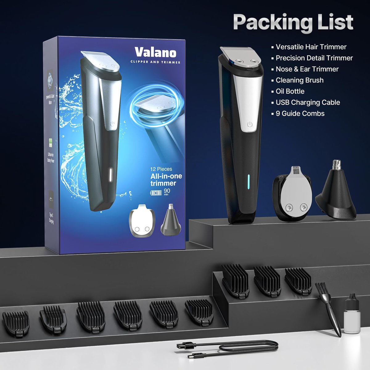 Valano Beard Trimmer & Hair Clippers for Men - All-in-One Self-Sharpening Cordless Rechargeable Grooming Kit, Mustache, Ear, Nose, Body Trimmer (Black) - görsel 13