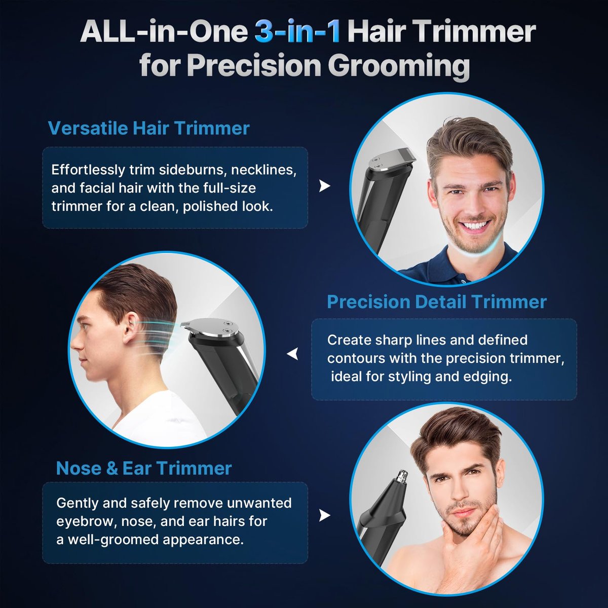 Valano Beard Trimmer & Hair Clippers for Men - All-in-One Self-Sharpening Cordless Rechargeable Grooming Kit, Mustache, Ear, Nose, Body Trimmer (Black) - görsel 7