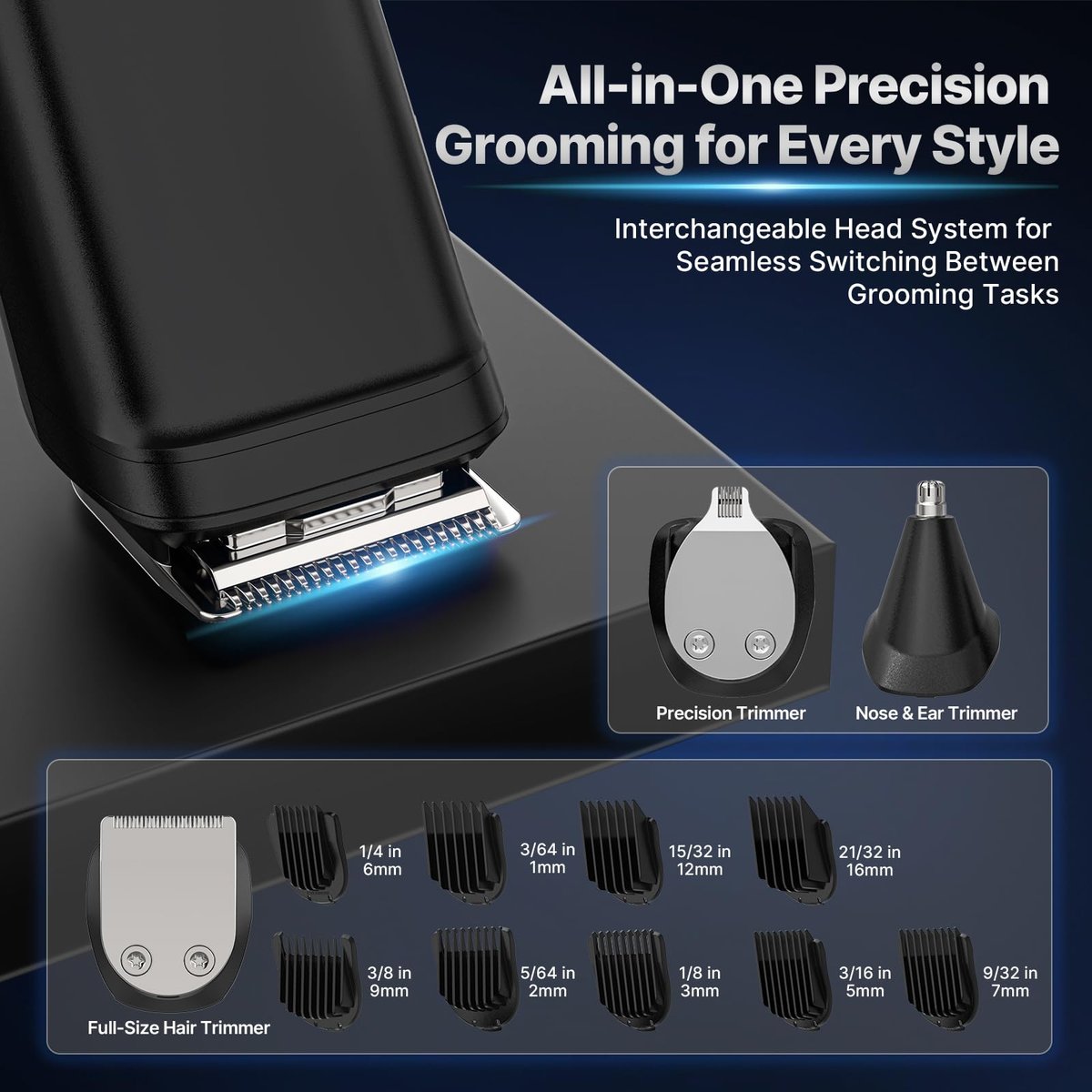 Valano Beard Trimmer & Hair Clippers for Men - All-in-One Self-Sharpening Cordless Rechargeable Grooming Kit, Mustache, Ear, Nose, Body Trimmer (Black) - görsel 3