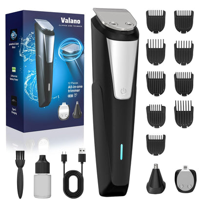 Valano Beard Trimmer & Hair Clippers for Men - All-in-One Self-Sharpening Cordless Rechargeable Grooming Kit, Mustache, Ear, Nose, Body Trimmer (Black)