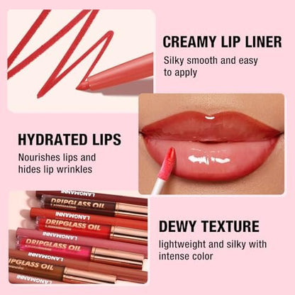 6-Piece Hydrating Lip Oils & Lip Liner Pencil Combo Set – 24H Long-Lasting Nourishing Non-Sticky Tinted Lip Gloss & Plumping Lip Oil Set for Women (Nude Glow Lip Kit)