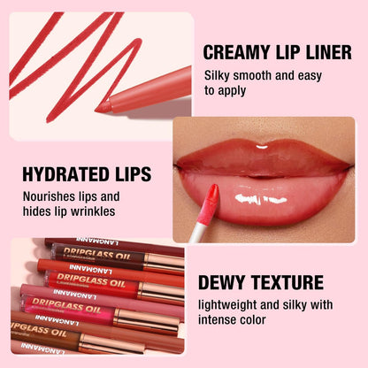 6-Piece Hydrating Lip Oils & Lip Liner Pencil Combo Set – 24H Long-Lasting Nourishing Non-Sticky Tinted Lip Gloss & Plumping Lip Oil Set for Women (Nude Glow Lip Kit)