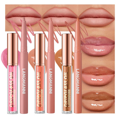6-Piece Hydrating Lip Oils & Lip Liner Pencil Combo Set – 24H Long-Lasting Nourishing Non-Sticky Tinted Lip Gloss & Plumping Lip Oil Set for Women (Nude Glow Lip Kit)