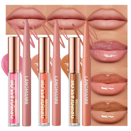 6-Piece Hydrating Lip Oils & Lip Liner Pencil Combo Set – 24H Long-Lasting Nourishing Non-Sticky Tinted Lip Gloss & Plumping Lip Oil Set for Women (Nude Glow Lip Kit)