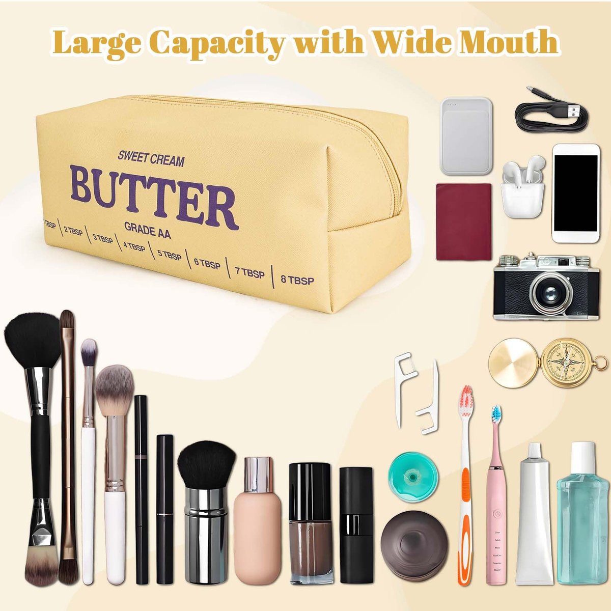 Dadop Yellow Cute Makeup Bag - Funny Butter Toiletry Bag for Women, Girls, and Butter Lovers Avelisse
