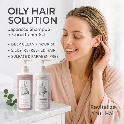 DEMIKI Japanese Shampoo and Conditioner Set for Women – Sulfate Free, Anti Dandruff, Clarifying & Moisturizing with Hydrolyzed Keratin, Rose Scent, 32 oz Each Avelisse