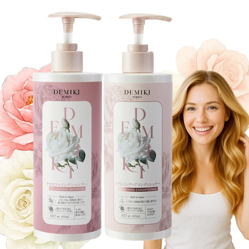 DEMIKI Japanese Shampoo and Conditioner Set for Women – Sulfate Free, Anti Dandruff, Clarifying & Moisturizing with Hydrolyzed Keratin, Rose Scent, 32 oz Each Avelisse
