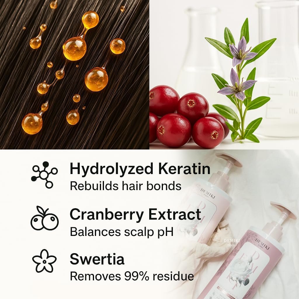 DEMIKI Japanese Shampoo and Conditioner Set for Women – Sulfate Free, Anti Dandruff, Clarifying & Moisturizing with Hydrolyzed Keratin, Rose Scent, 32 oz Each Avelisse