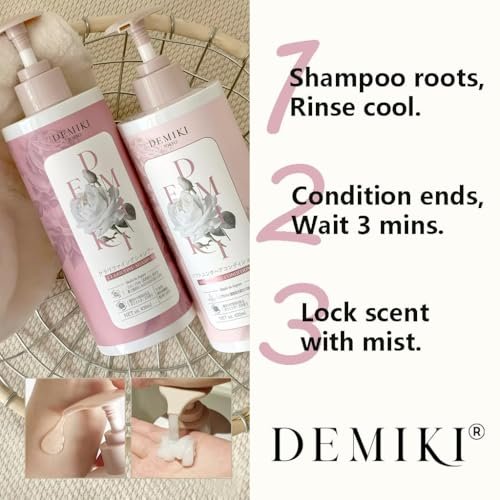 DEMIKI Japanese Shampoo and Conditioner Set for Women – Sulfate Free, Anti Dandruff, Clarifying & Moisturizing with Hydrolyzed Keratin, Rose Scent, 32 oz Each Avelisse