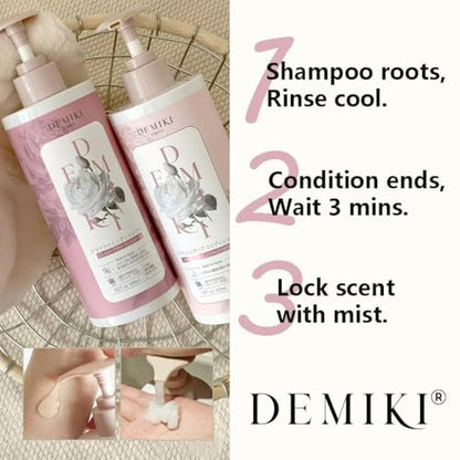DEMIKI Japanese Shampoo and Conditioner Set for Women – Sulfate Free, Anti Dandruff, Clarifying & Moisturizing with Hydrolyzed Keratin, Rose Scent, 32 oz Each Avelisse