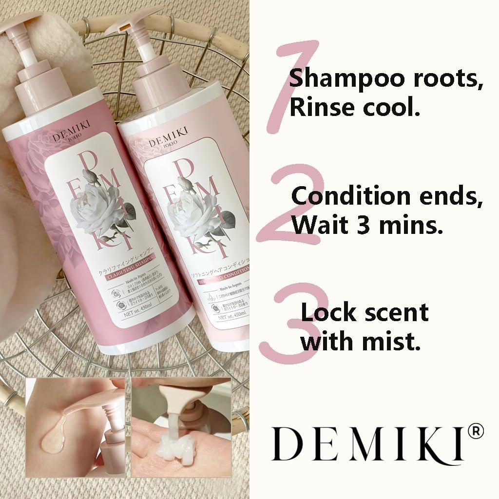 DEMIKI Japanese Shampoo and Conditioner Set for Women – Sulfate Free, Anti Dandruff, Clarifying & Moisturizing with Hydrolyzed Keratin, Rose Scent, 32 oz Each Avelisse