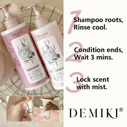 DEMIKI Japanese Shampoo and Conditioner Set for Women – Sulfate Free, Anti Dandruff, Clarifying & Moisturizing with Hydrolyzed Keratin, Rose Scent, 32 oz Each Avelisse
