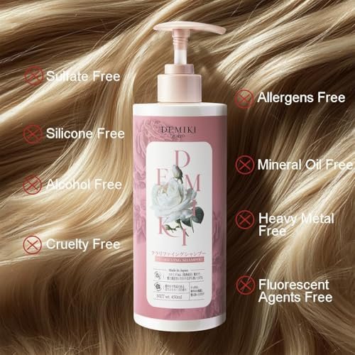 DEMIKI Japanese Shampoo and Conditioner Set for Women – Sulfate Free, Anti Dandruff, Clarifying & Moisturizing with Hydrolyzed Keratin, Rose Scent, 32 oz Each Avelisse