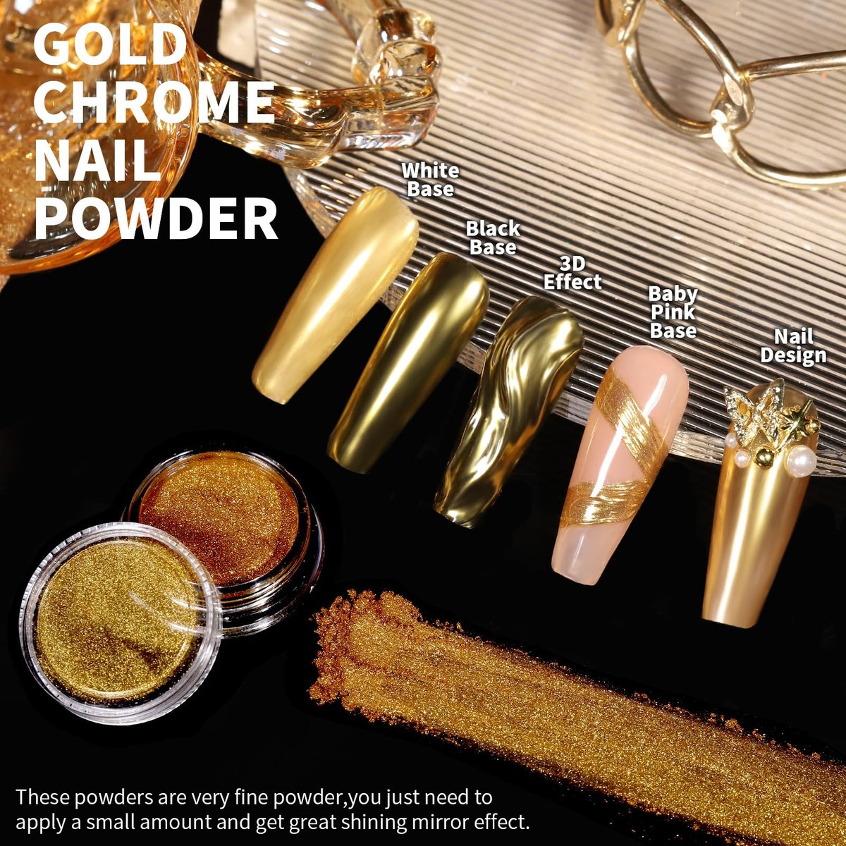 Teenitor Gold Chrome Nail Powder Kit with Nail Charms and Gems – Pearl, Silver Chrome Powders for Gel Nails, Nail Supplies & Decor - görsel 6