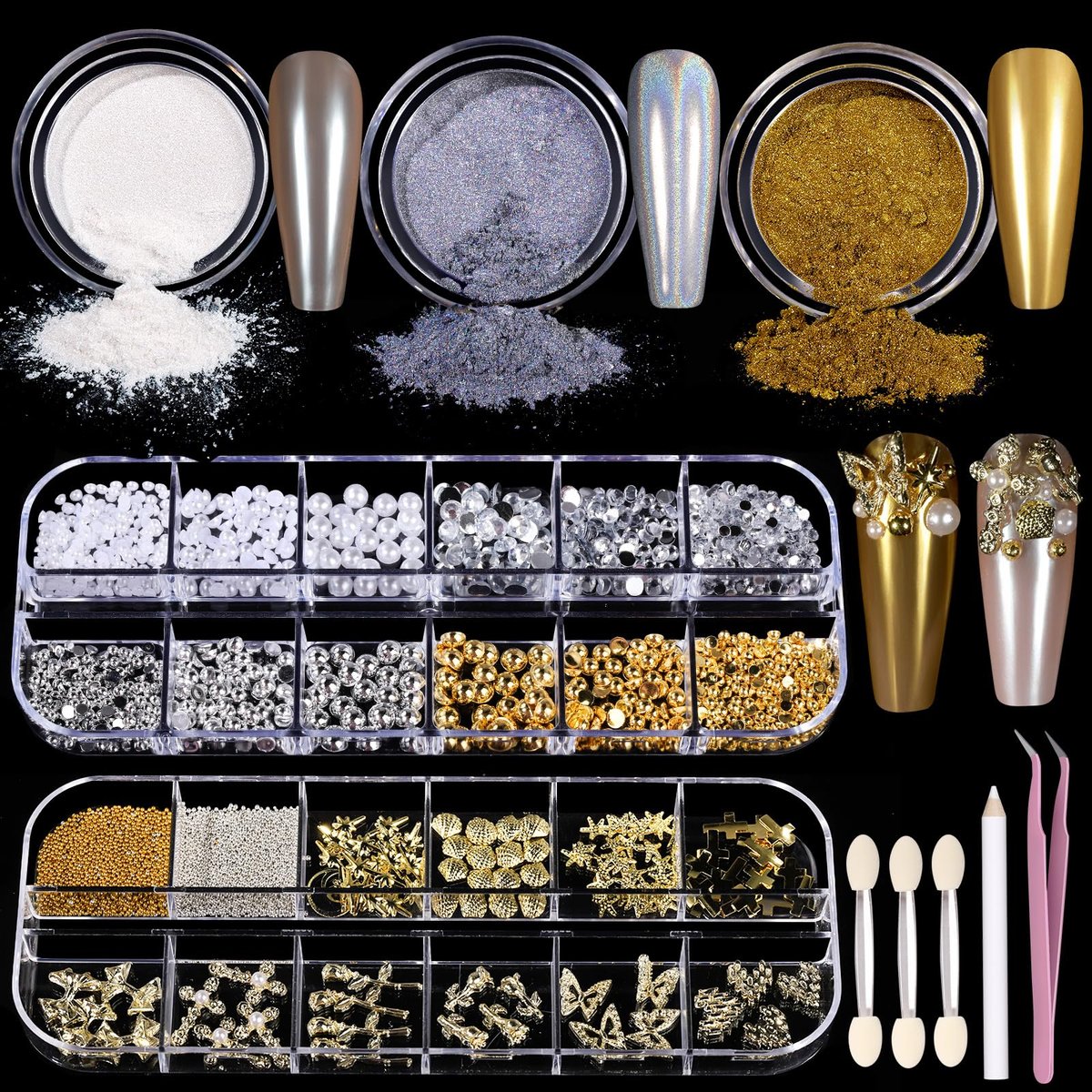 Teenitor Gold Chrome Nail Powder Kit with Nail Charms and Gems – Pearl, Silver Chrome Powders for Gel Nails, Nail Supplies & Decor - görsel 2