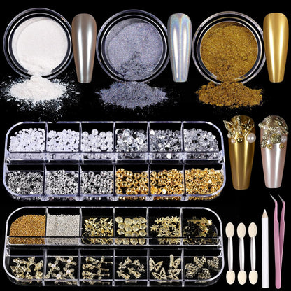 Teenitor Gold Chrome Nail Powder Kit with Nail Charms and Gems – Pearl, Silver Chrome Powders for Gel Nails, Nail Supplies & Decor