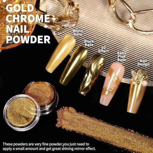 Teenitor Gold Chrome Nail Powder Kit with Nail Charms and Gems – Pearl, Silver Chrome Powders for Gel Nails, Nail Supplies & Decor - görsel 5