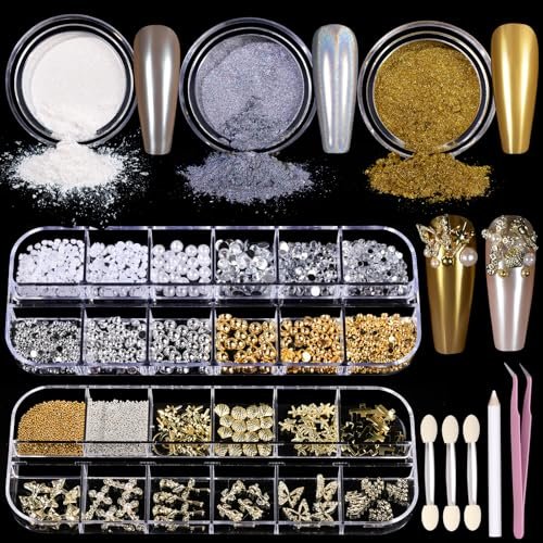 Teenitor Gold Chrome Nail Powder Kit with Nail Charms and Gems – Pearl, Silver Chrome Powders for Gel Nails, Nail Supplies & Decor - görsel 1