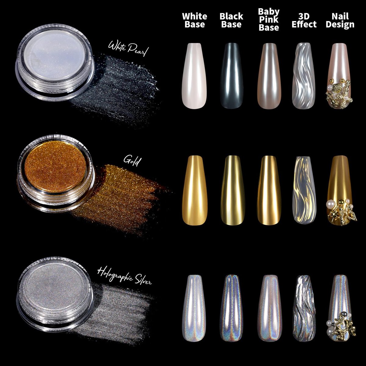 Teenitor Gold Chrome Nail Powder Kit with Nail Charms and Gems – Pearl, Silver Chrome Powders for Gel Nails, Nail Supplies & Decor - görsel 4