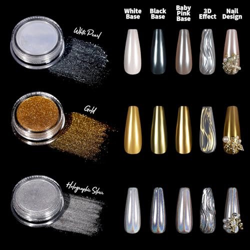 Teenitor Gold Chrome Nail Powder Kit with Nail Charms and Gems – Pearl, Silver Chrome Powders for Gel Nails, Nail Supplies & Decor - görsel 3