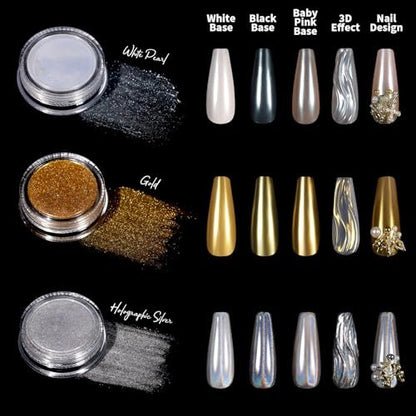 Teenitor Gold Chrome Nail Powder Kit with Nail Charms and Gems – Pearl, Silver Chrome Powders for Gel Nails, Nail Supplies & Decor