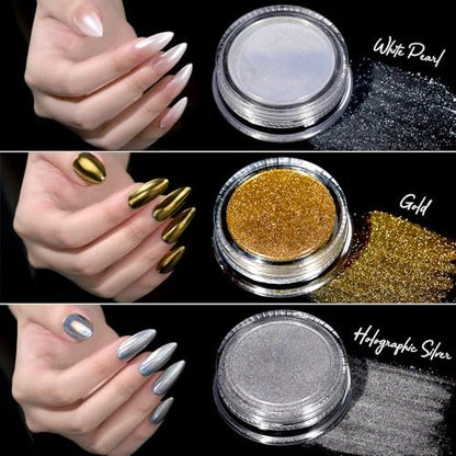 Teenitor Gold Chrome Nail Powder Kit with Nail Charms and Gems – Pearl, Silver Chrome Powders for Gel Nails, Nail Supplies & Decor