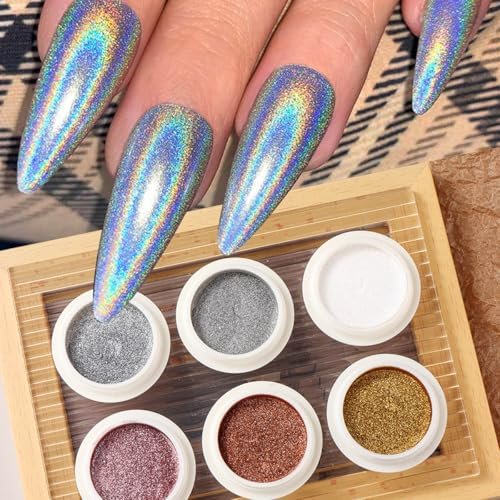 Brtavizvy Chrome Nail Powder Set - 6 Colors Metallic Gold, Silver, Rose Gold, Pink, White Mirror Nail Powder & Holographic Aurora Glitter Pigment for Nail Art Decoration - görsel 12